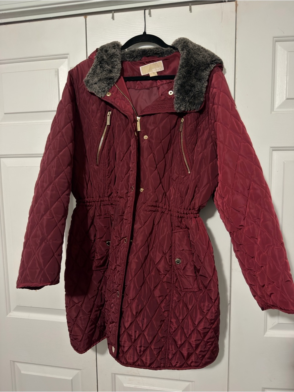 Michael Kors Quilted Trench Coat with Faux Fur Collar - Burgundy